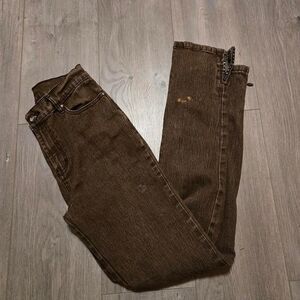 Vintage Y2K Brown Rhinestone Bedazzle High Rise Skinny Fit Denim Jeans 2 Tall